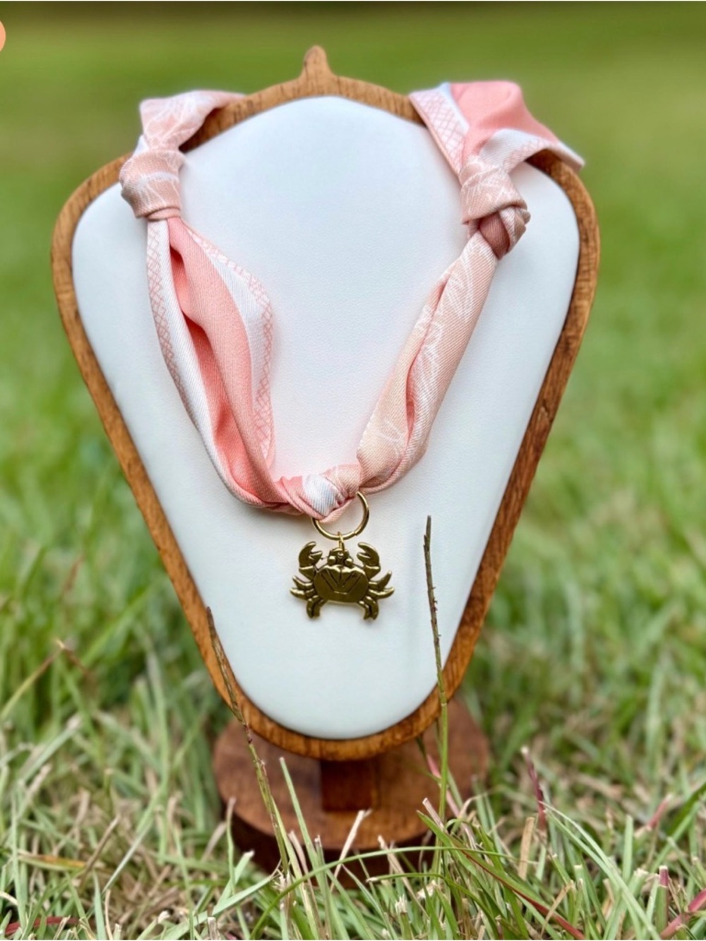New Pink Scarf Necklace with Gold Crab Charm